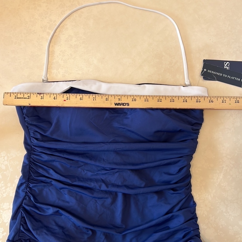 Chaps One piece Swimsuit. Blue with skirt.  Size 14.  Slimming Fit. - Picture 2 of 8